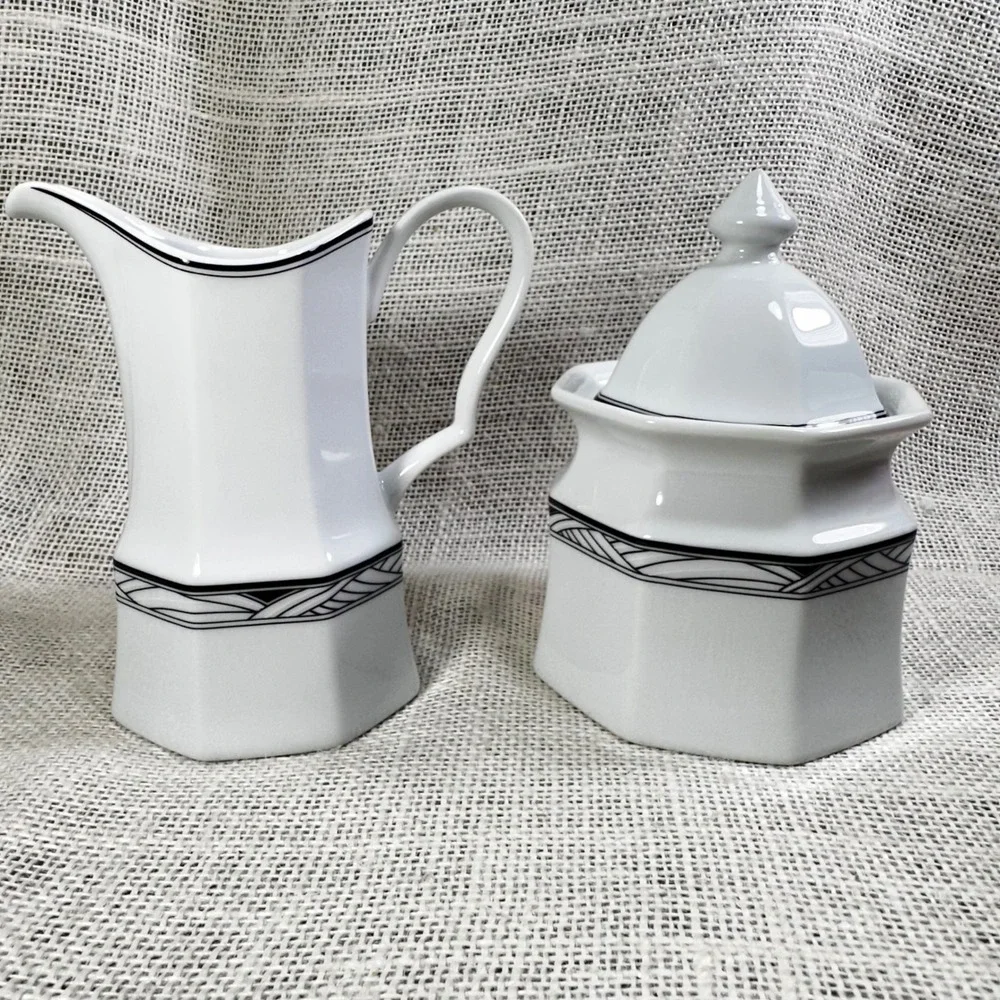 Studio Nova Synthesis Y0031 Creamer and Sugar Bowl Set White Black Art Dec Style